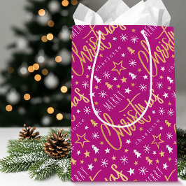 Gepersonaliseerde naam Kerstscript Pink Faux Gold Medium Cadeauzakje