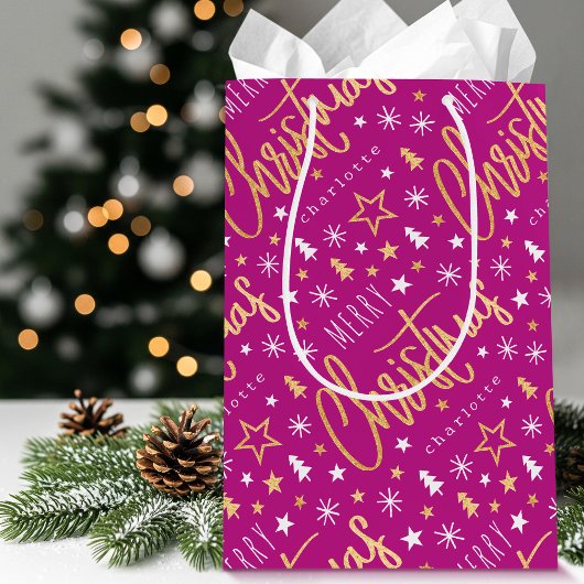 Gepersonaliseerde naam Kerstscript Pink Faux Gold Medium Cadeauzakje
