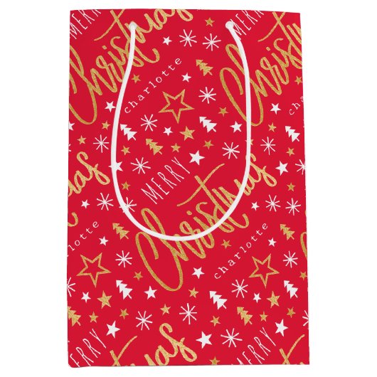 Gepersonaliseerde naam Kerstscript Red Faux Gold Medium Cadeauzakje (Voorkant)