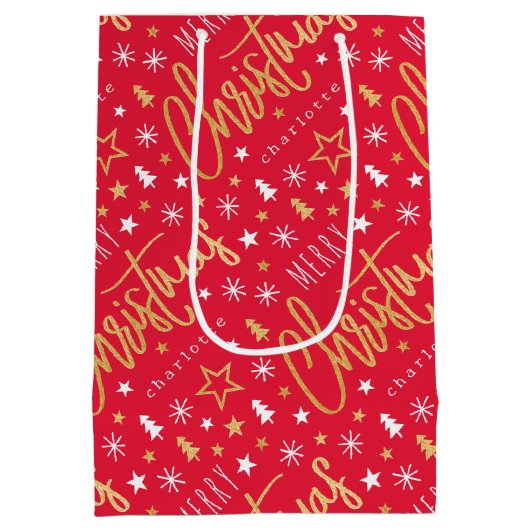 Gepersonaliseerde naam Kerstscript Red Faux Gold Medium Cadeauzakje (Achterkant)
