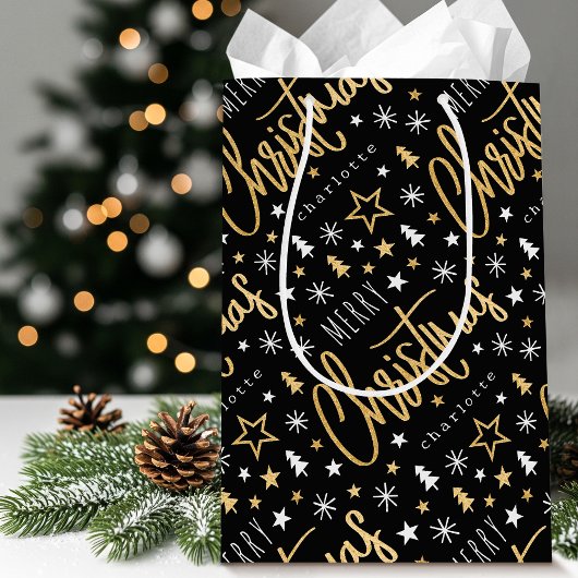 Gepersonaliseerde naam Kerstscript Zwart Faux Gold Medium Cadeauzakje