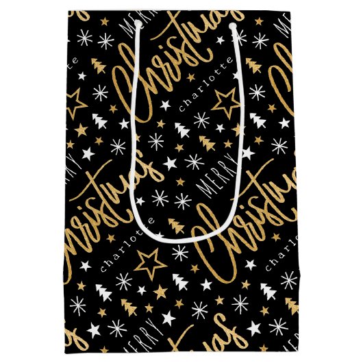 Gepersonaliseerde naam Kerstscript Zwart Faux Gold Medium Cadeauzakje (Achterkant)
