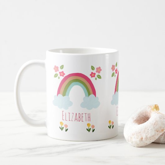 Gepersonaliseerde naam Kinder Leuke regenboog meis Koffiemok (Met donut)