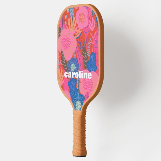Gepersonaliseerde naam Kleurrijke Rode Roze Bloeme Pickleball Paddle (Links)