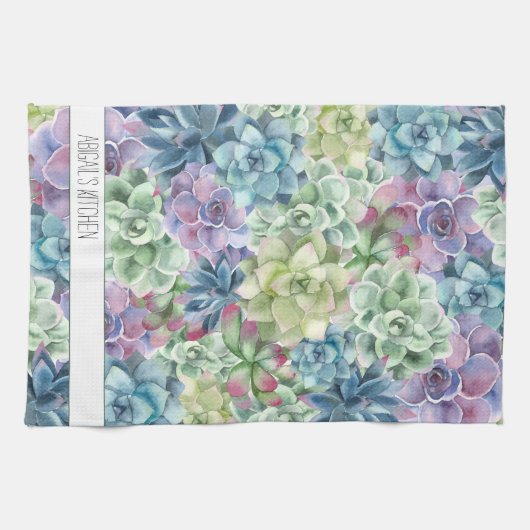 Gepersonaliseerde naam kleurrijke Waterverf Succul Theedoek (Horizontaal)