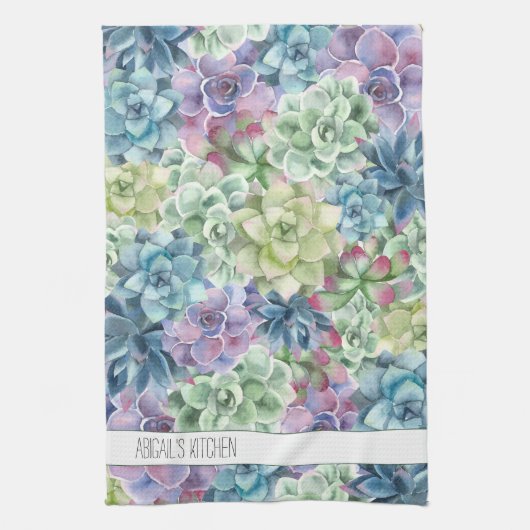 Gepersonaliseerde naam kleurrijke Waterverf Succul Theedoek (Verticaal)
