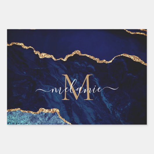 Gepersonaliseerde Naam Letter Navy Blauw Goud Marm Inpakpapier Vel (Voorkant 3)