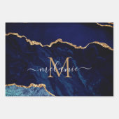 Gepersonaliseerde Naam Letter Navy Blauw Goud Marm Inpakpapier Vel (Voorkant 2)