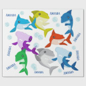 Gepersonaliseerde naam Leuke kleine haaien Cadeaupapier (Vlak)