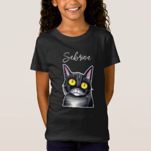 Gepersonaliseerde naam   Leuke zwarte kat gele oge T-shirt