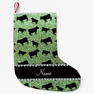 Gepersonaliseerde naam lichte groene glitterkoeien kleine kerstsok