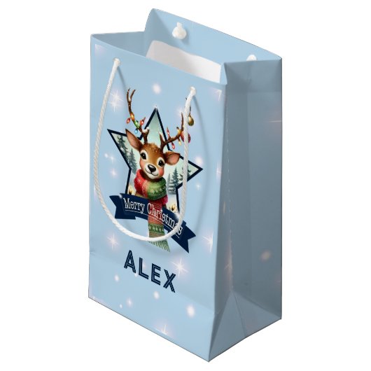 Gepersonaliseerde naam Merry Christmas Reindeer Klein Cadeauzakje (Voorkant Gekanteld)