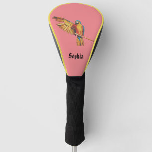 Gepersonaliseerde naam met papegaai ara vogel roze golfheadcover