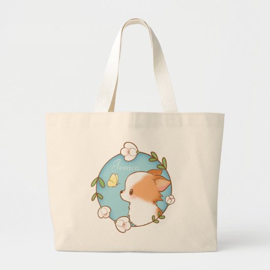 Gepersonaliseerde naam Mochi Pomchi Flower Canvas  Grote Tote Bag (Voorkant)