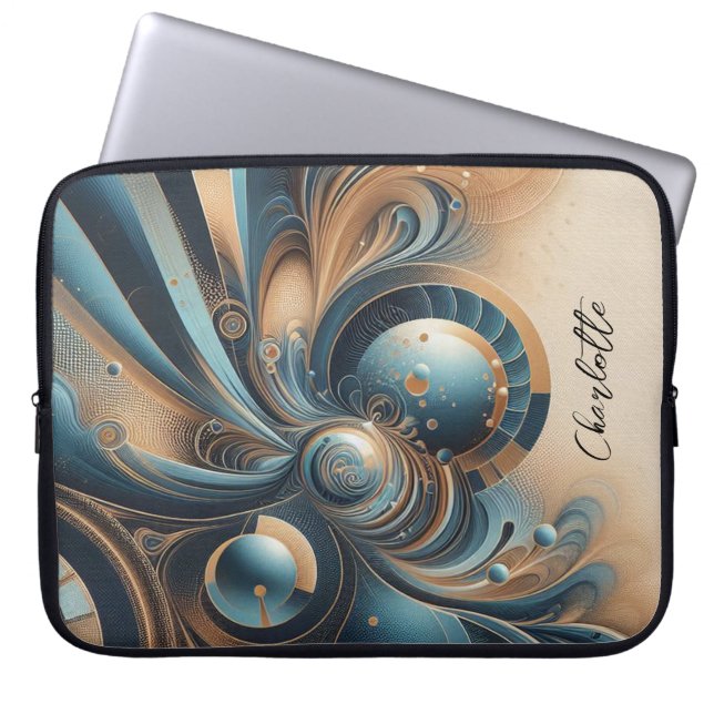 Gepersonaliseerde naam Modern Fractal Blauw Goud C Laptop Sleeve (Voorkant)