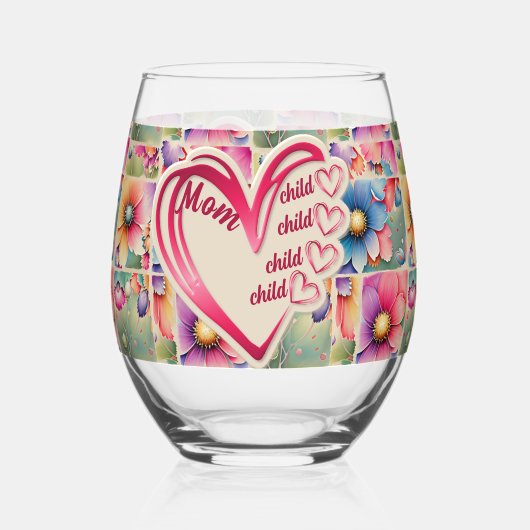 Gepersonaliseerde naam Moeder Kinder bloemen overa Wijnglas Zonder Voet (Voorkant)