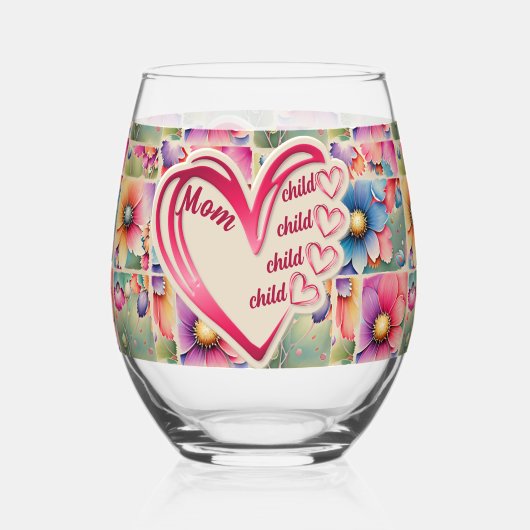 Gepersonaliseerde naam Moeder Kinder bloemen overa Wijnglas Zonder Voet (Achterkant)