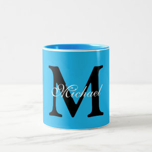 Gepersonaliseerde naam Monogram Blauwe achtergrond Tweekleurige Koffiemok