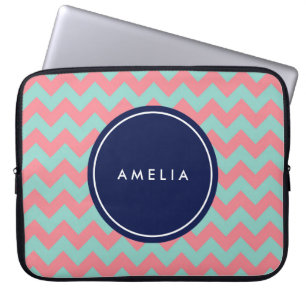Gepersonaliseerde naam Monogram Lichtblauw & Roze Laptop Sleeve