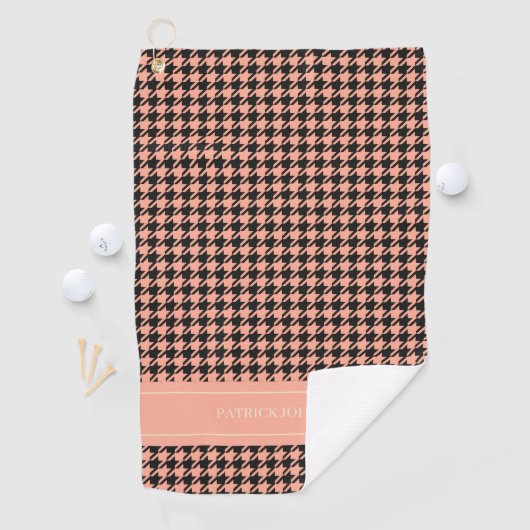 Gepersonaliseerde naam Monogram Perzik Houndstooth Golfhanddoek (Insitu)