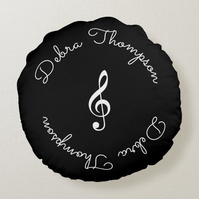 Gepersonaliseerde naam Monogram - Treble Clef Blac Rond Kussen (Achterkant)