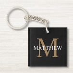 Gepersonaliseerde naam Monogram zwart<br><div class="desc">Creëer uw eigen gepersonaliseerde zwarte ronde sleutelhanger met uw aangepaste naam en monogram.</div>
