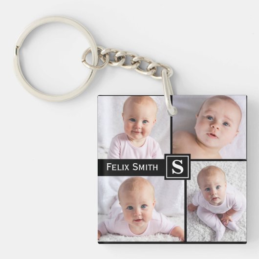Gepersonaliseerde naam Monogrammed 4 Foto Collage Sleutelhanger (voorkant)
