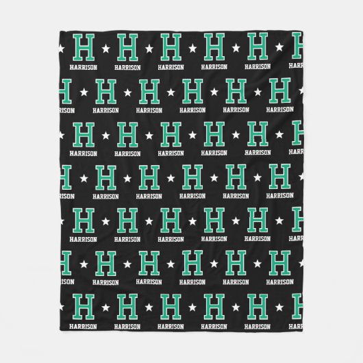 Gepersonaliseerde naam Monogrammed Star Green Blac Fleece Deken (Voorkant)