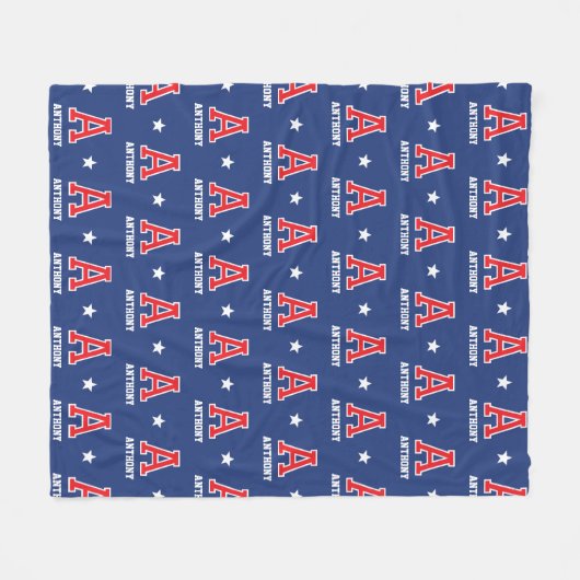 Gepersonaliseerde naam Monogrammed Star Red Navy Fleece Deken (Voorkant (Horizontaal))