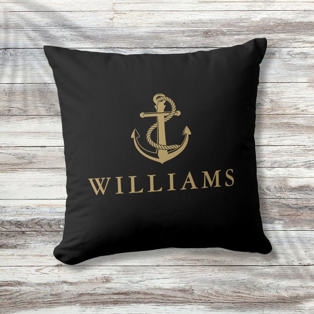 Gepersonaliseerde naam nautische anker zwart en go kussen (Personalized Name Nautical Anchor Black And Gold Throw Pillow)