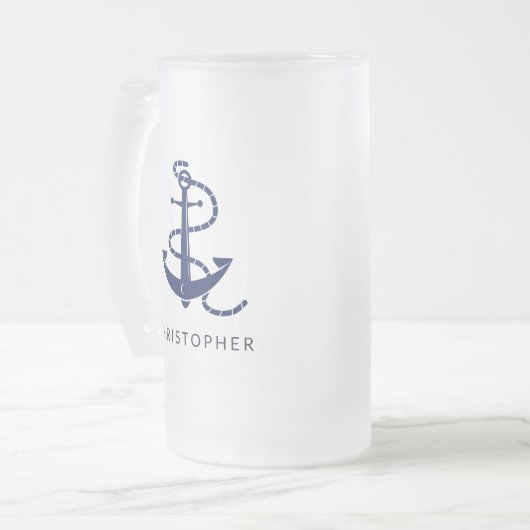 Gepersonaliseerde naam Navy Anker Nautical Matglas Bierpul (Voorkant links)