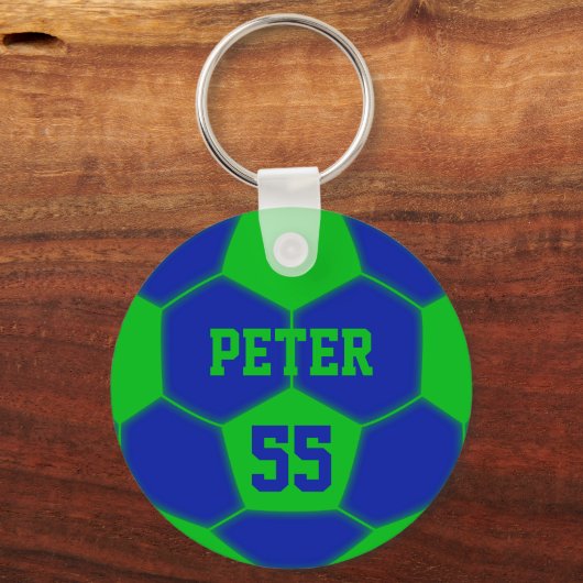 Gepersonaliseerde Naam Nummer Groen Blauw Voetbal Sleutelhanger (Voorkant)