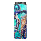 Gepersonaliseerde naam Octopus Blue Ocean Wave Abs Thermosbeker (Achterkant)