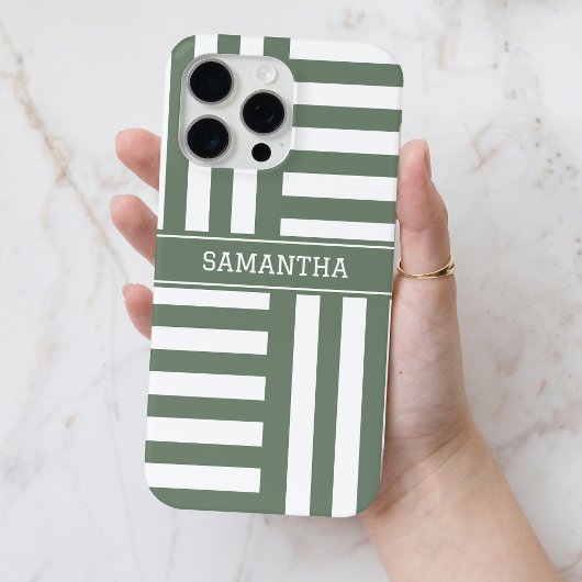 Gepersonaliseerde naam Olive Green White Stripes C Case-Mate iPhone Case