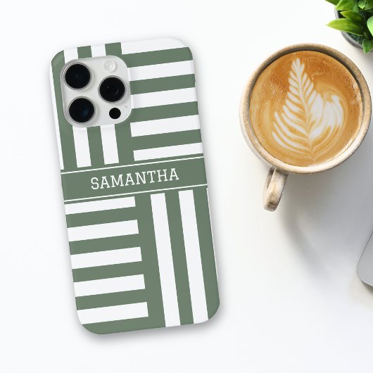 Gepersonaliseerde naam Olive Green White Stripes C Case-Mate iPhone Case
