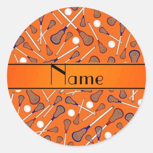 Gepersonaliseerde naam oranje lacrossepatroon ronde sticker (Voorkant)