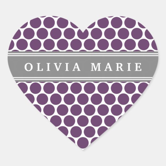 Gepersonaliseerde naam Paars Polka Dots Pattern Hart Sticker (Voorkant)
