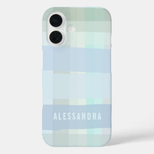 Gepersonaliseerde naam Pastel, check Plaid Blue Sa iPhone 16 Hoesje