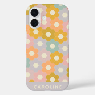 Gepersonaliseerde naam  Pastel Hexagon Floral iPhone 16 Hoesje