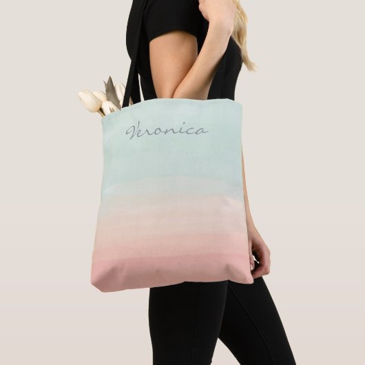 Gepersonaliseerde naam Pastel Mint Peach Waterverf Tote Bag (Dichtbij)