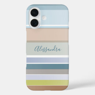Gepersonaliseerde naam Pastel Stripes Modern Blue  iPhone 16 Hoesje