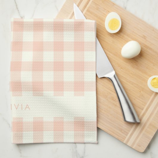 Gepersonaliseerde naam Peach Gingham Check Plaid R Theedoek (Quarter Fold)
