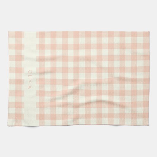 Gepersonaliseerde naam Peach Gingham Check Plaid R Theedoek (Horizontaal)