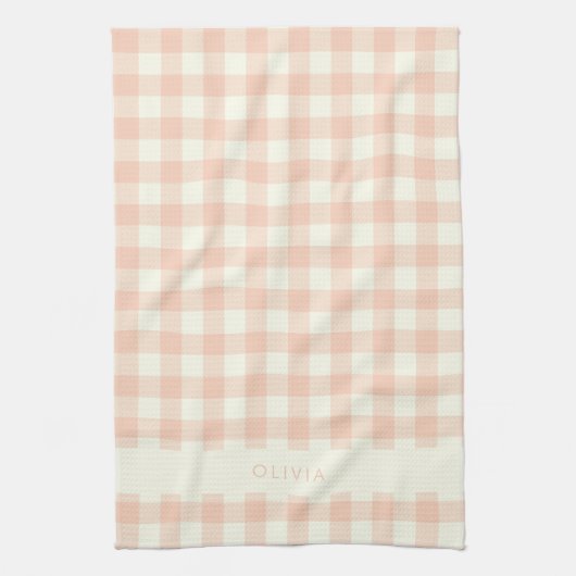 Gepersonaliseerde naam Peach Gingham Check Plaid R Theedoek (Verticaal)