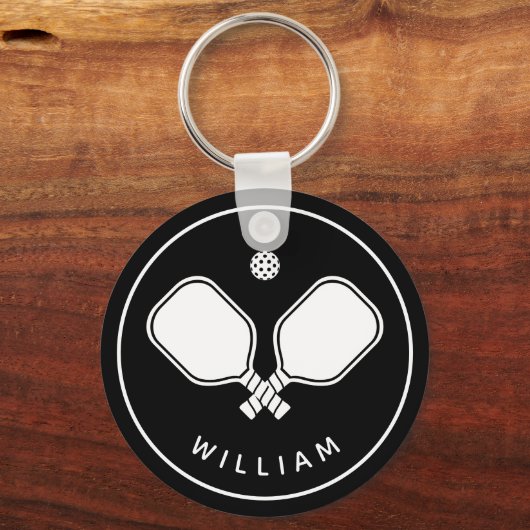 Gepersonaliseerde naam Pickleball Zwart & Wit Sleutelhanger (Voorkant)