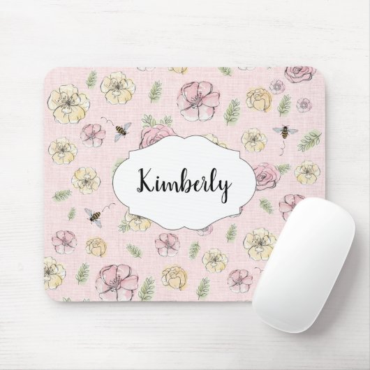 Gepersonaliseerde naam Pink Floral Muismat (Met muis)