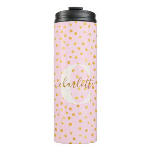 Gepersonaliseerde naam Pink Gold Confetti Polka Do Thermosbeker