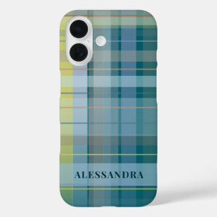 Gepersonaliseerde Naam Plaid Check Blauw Blauwgroe iPhone 16 Hoesje