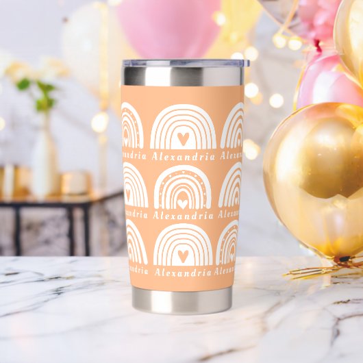 Gepersonaliseerde naam Rainbow Pattern Peach Geïsoleerde Drinkbeker (Vrijgezellenfeest)