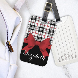 Gepersonaliseerde naam Red Ribbon en Tartan Plaid Bagagelabel